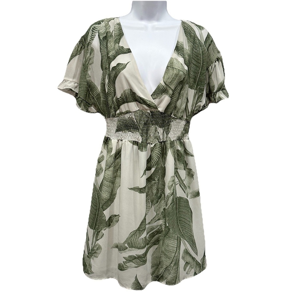 Lush Mini Floral Dress Women Medium Light Sage Tropical Print Boho Pull On Lined